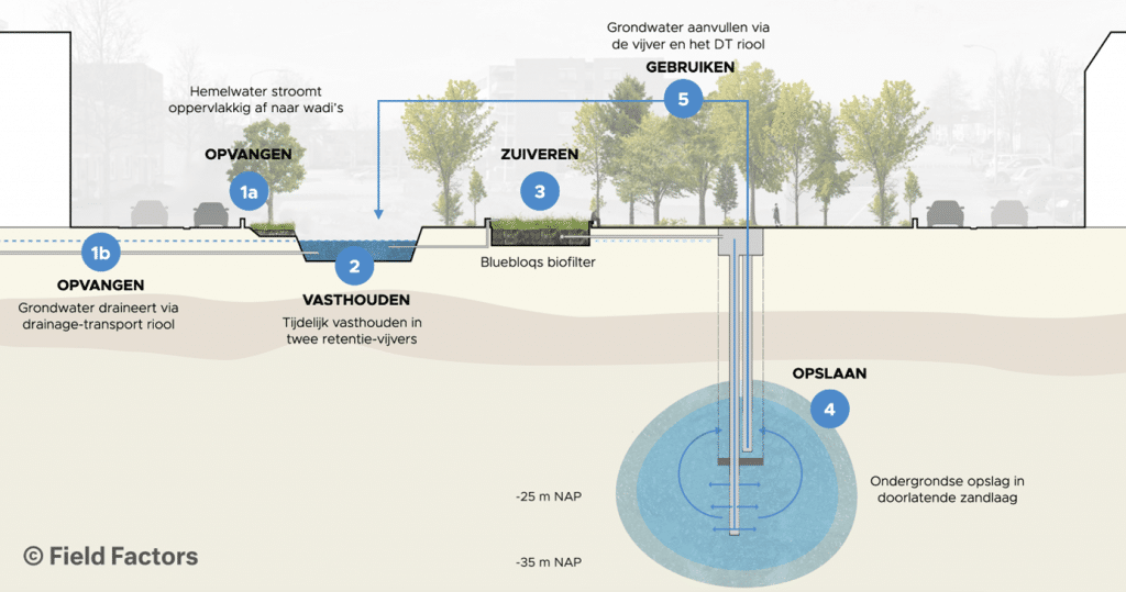 Stap 1a: Opvangen - Hemelwater stroomt oppervlakkig af naar de wadi's.

Stap 1b: Opvangen - Grondwater draineert via drainage-transport riool

Stap 2: Vasthouden - Tijdelijk vasthouden in 2 retentie-vijvers

Stap 3: Zuiveren - Bluebloqs biofiler

Stap 4: Opslaan - Ondergrondse opslag in doorlatende zandlaag

Stap 5: Gebruiken - Grondwater aanvullen  via de vijver en het DT riool.
 